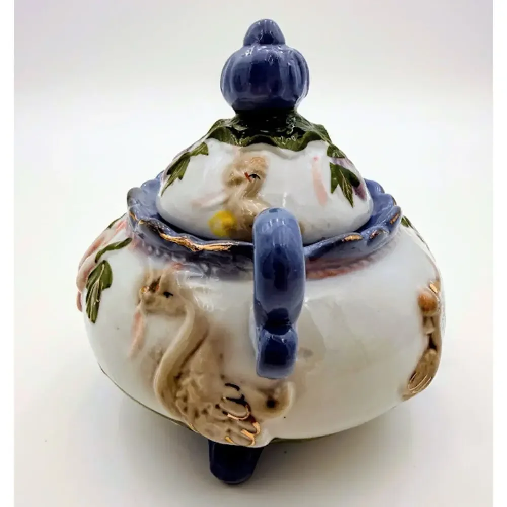 Vintage Duck & Floral Covered Sugar Bowl Hand Painted Ceramic